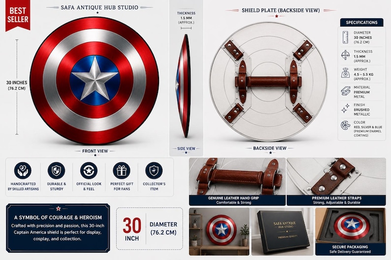 May include: A 30-inch diameter circular shield featuring a red, silver, and blue enamel finish with a central silver star. The shield includes a side profile, a backside view with brown leather straps and a hand grip, and a branded storage box.