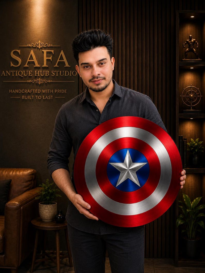 May include: A circular shield featuring a metallic finish with concentric rings in red, silver, and blue, centered with a prominent five-pointed silver star. The design mimics a classic superhero emblem with a brushed texture and vibrant colors.