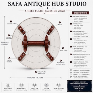 May include: A circular mild steel shield plate with a backside view, measuring 30 inches in diameter. It features brown leather straps, a leather hand grip, metal brackets, and rivets. The text reads SAFA ANTIQUE HUB STUDIO and SHIELD PLATE.