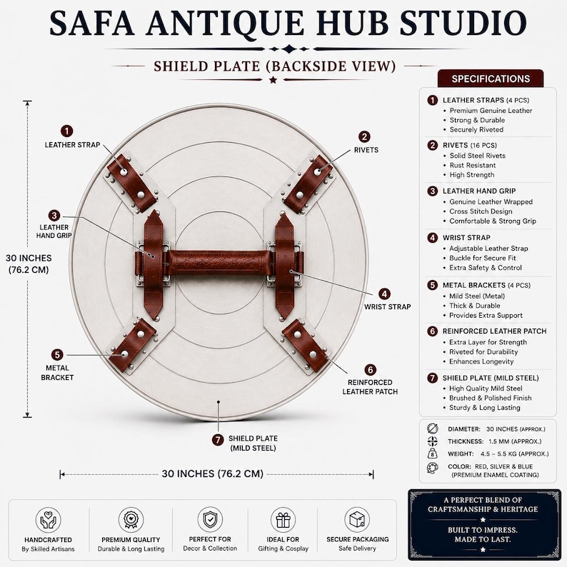 May include: A circular mild steel shield plate with a backside view, measuring 30 inches in diameter. It features brown leather straps, a leather hand grip, metal brackets, and rivets. The text reads SAFA ANTIQUE HUB STUDIO and SHIELD PLATE.