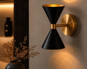 Moderne zwart-gouden wandkandelaar met dubbele kegel, wandlamp uit het midden van de eeuw, binnenverlichting