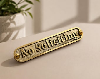 Vintage Brass No Soliciting Sign | Door Plaque | Antique Style Front Door Decor.