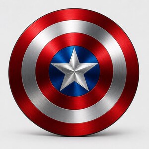 May include: A circular shield featuring a metallic finish with concentric rings in red and silver. The center of the shield displays a blue circle containing a large, five-pointed silver star. The surface has a brushed metal texture throughout.