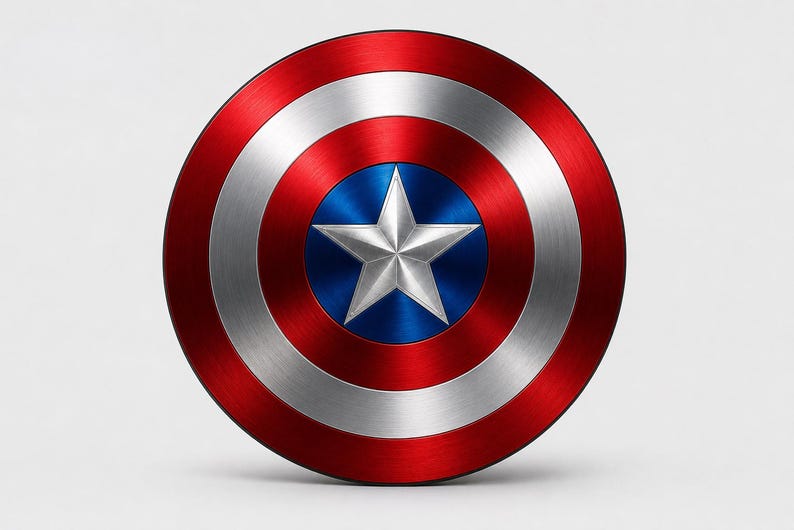 May include: A circular shield featuring a metallic finish with concentric rings in red and silver. The center of the shield displays a blue circle containing a large, five-pointed silver star. The surface has a brushed metal texture throughout.