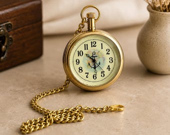 Vintage gouden zakhorlogeketting, nautisch ankerhanger, steampunkaccessoire.
