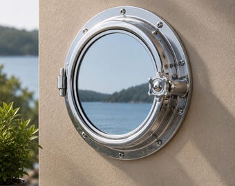 16" aluminium nautische patrijspoort | Kustmuurdecoratie | Maritiem scheepsraamspiegel | Badkamerspiegel Beach House | Vintage marineblauw