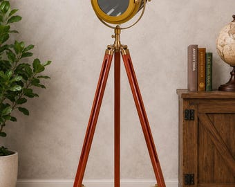 Nautical Tripod Spotlight Lamp, Adjustable Wooden Stand, Brass Finish Industrial Coastal Decor