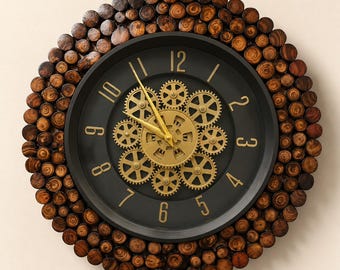Large Rustic Gear Wall Clock | Handmade Wooden & Metal Steampunk Clock | Vintage Industrial Home Decor | Silent Wall Clock.