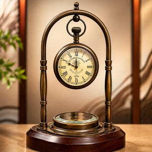 May include: A brass-toned metal clock suspended from an arched frame, featuring a cream-colored face with Roman numerals, the text "VICTORIA LONDON" and "1876," and an anchor graphic. A circular compass is mounted on the dark wooden base below.