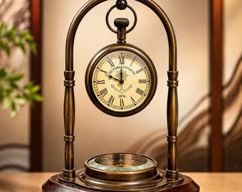 Vintage Brass Desk Clock with Compass, Antique Victoria London 1876 Table Clock, Nautical Pocket Watch Style Clock, Unique Retirement Gift.