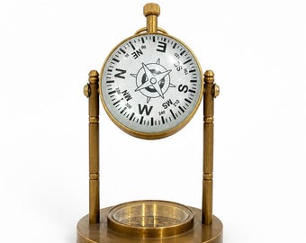 Dubbelzijdig kompas en klok | Vintage messing bureauklok met magnetische kompasstandaard | Nautische tafelklok | Antiek Victoriaans maritiem decor.