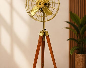 Vintage messing statiefventilator | Nautische vloerventilator Royal Navy-stijl | Handgemaakte houten standaardventilator | Antiek messing woondecoratie.