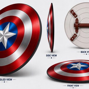 May include: A circular shield featuring a metallic finish with concentric red, silver, and blue rings and a central silver star. The display includes an angled view, a side profile, a front view, and a back view with brown leather straps.