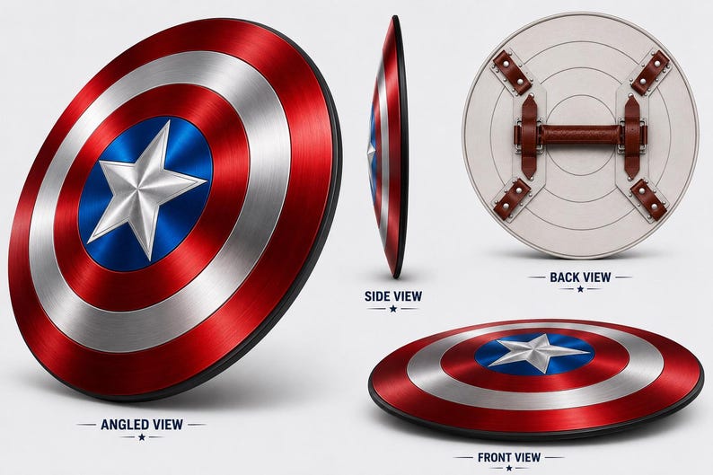 May include: A circular shield featuring a metallic finish with concentric red, silver, and blue rings and a central silver star. The display includes an angled view, a side profile, a front view, and a back view with brown leather straps.