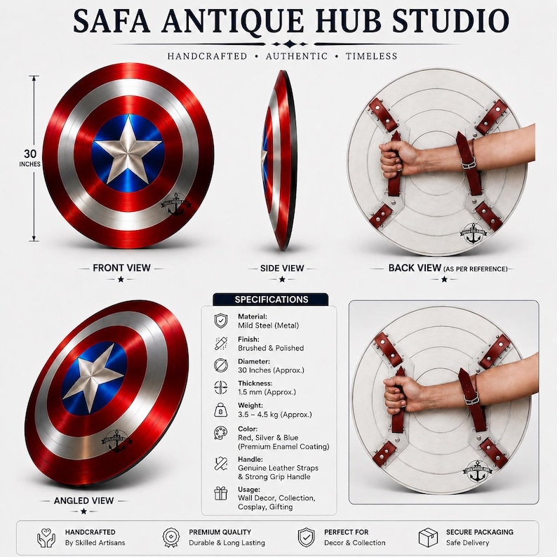 May include: A circular shield featuring a red, silver, and blue design with a central white star. The shield has a 30-inch diameter, a brushed metal finish, and brown leather straps on the back. Text includes SAFA ANTIQUE HUB STUDIO and specifications.
