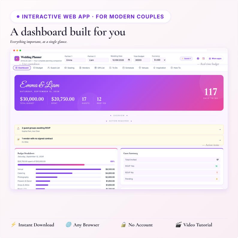 Interactive Wedding Planner App | Budget, Guest List, Seating Chart, Vendor Manager, To Do | Digital HTML Download image 4