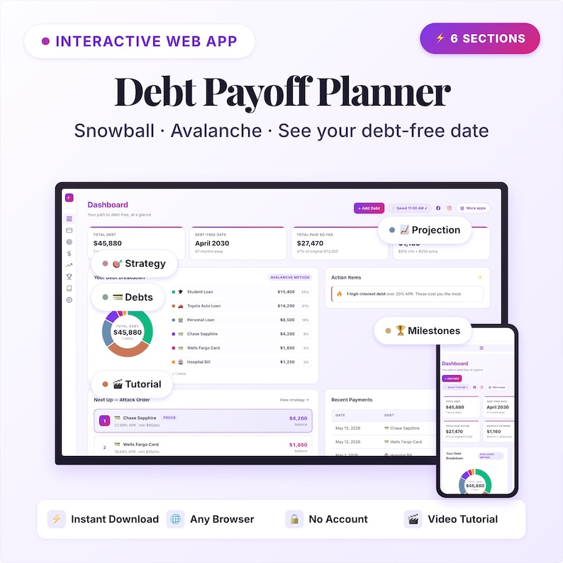 App per la pianificazione del rimborso dei debiti / Calcolatore a effetto valanga + metodo a palla di neve / App Web interattiva / Strumento di monitoraggio per la liberazione dai debiti / Download digitale in HTML immagine 1