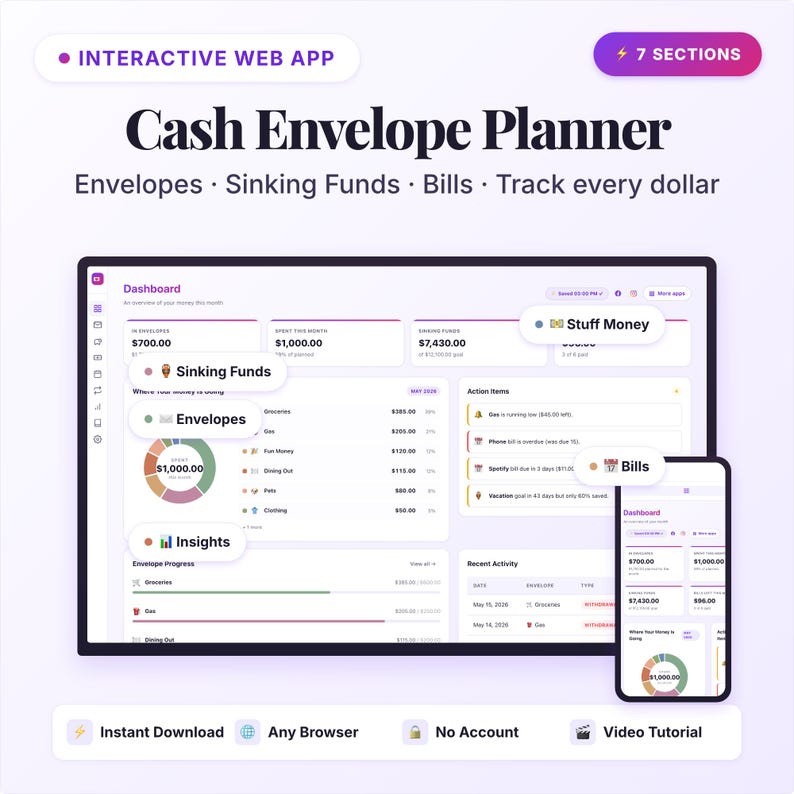 Cash Envelop Planner-app | Budgettracker, geld terugbrengen, rekeningenmanager | Interactieve webapp | Digitale HTML-download afbeelding 1