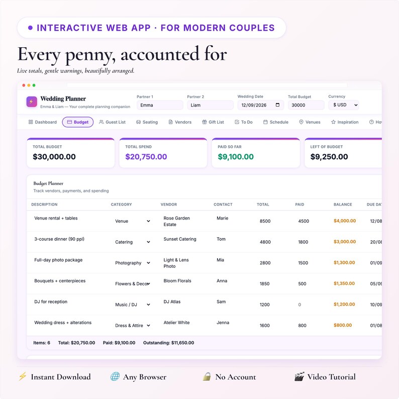 Interactive Wedding Planner App | Budget, Guest List, Seating Chart, Vendor Manager, To Do | Digital HTML Download image 5