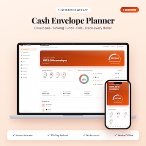 May include: A Cash Envelope Planner interactive web app displayed on a laptop and smartphone screen. The interface features a dashboard with financial tracking, envelope progress, and spending charts. Text includes Cash Envelope Planner, Envelopes, Sinking Funds, Bills, Track every dollar, and 7 sections.