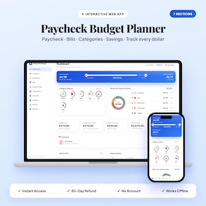 Op de afbeelding: Een interactieve Paycheck Budget Planner web-app weergegeven op een laptop- en smartphonescherm. De interface bevat een dashboard met financiële categorieën, spaardoelen, transactieoverzichten en voortgangsgrafieken in blauw en wit.