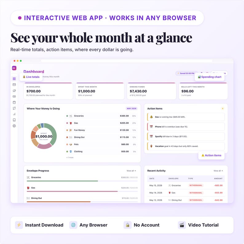 Cash Envelop Planner-app | Budgettracker, geld terugbrengen, rekeningenmanager | Interactieve webapp | Digitale HTML-download afbeelding 4