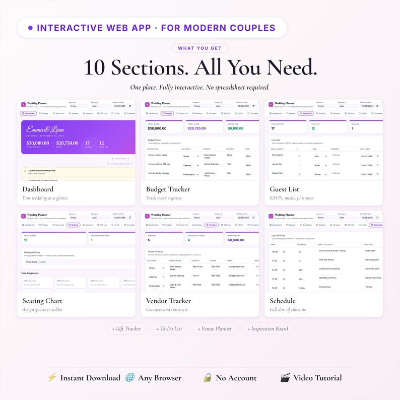 Interactive Wedding Planner App | Budget, Guest List, Seating Chart, Vendor Manager, To Do | Digital HTML Download image 2
