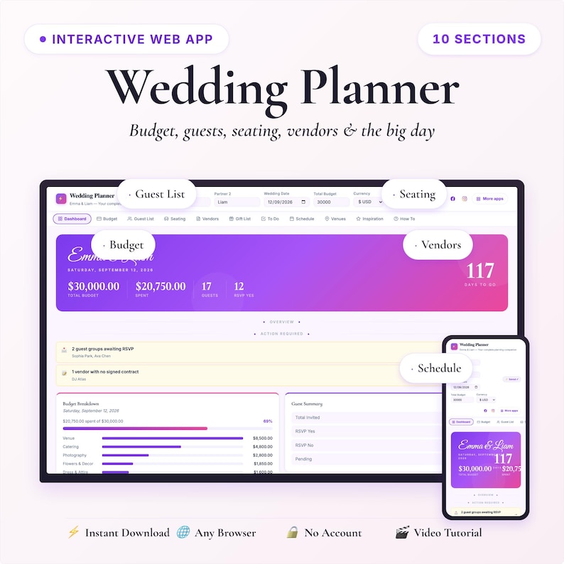 Interactive Wedding Planner App | Budget, Guest List, Seating Chart, Vendor Manager, To Do | Digital HTML Download image 1