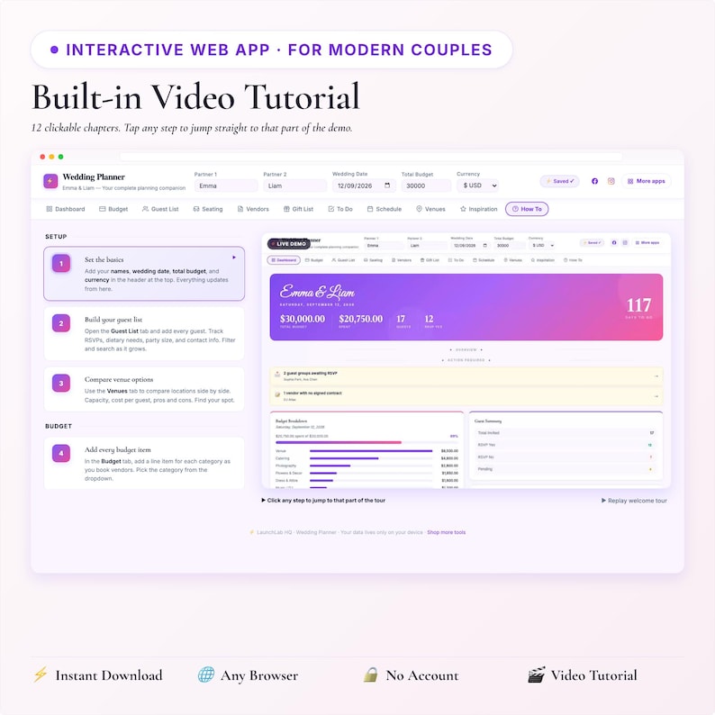 Interactive Wedding Planner App | Budget, Guest List, Seating Chart, Vendor Manager, To Do | Digital HTML Download image 3
