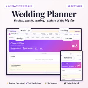 May include: A digital wedding planner interface displayed on a tablet and a computer screen. The screens show sections for budget, guest list, seating, vendors, and schedule. Text includes "Wedding Planner" and "Budget, guests, seating, vendors & the big day."