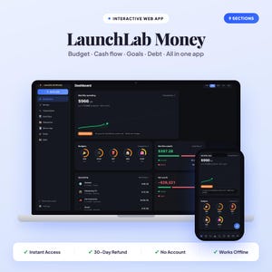 Może przedstawiać: Laptop i smartfon wyświetlające pulpit nawigacyjny interaktywnej aplikacji internetowej LaunchLab Money z ciemnym motywem. Interfejs zawiera narzędzia do śledzenia finansów, wykresy miesięcznych wydatków, wykresy kołowe budżetu oraz podsumowania wartości netto.