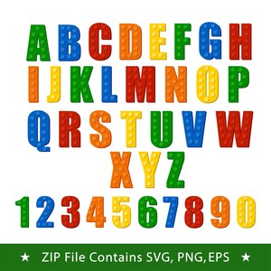 May include: A complete set of uppercase letters from A to Z and numbers from 0 to 9, designed with a textured surface resembling plastic building blocks in primary colors including red, blue, green, yellow, and orange, with text at the bottom.