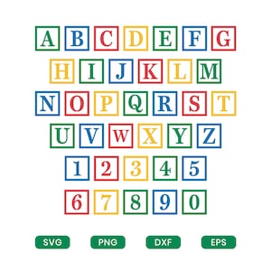 May include: A collection of colourful alphabet and number blocks. Each block displays a letter or number within a square frame. The blocks are in green, red, yellow, and blue. The image also includes the file type icons: SVG, PNG, DXF, and EPS.
