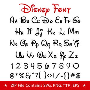May include: A digital font display featuring the text Disney Font in red at the top. Below, the alphabet in uppercase and lowercase letters, numbers zero through nine, and various symbols are presented in a black, stylized, cursive typeface.
