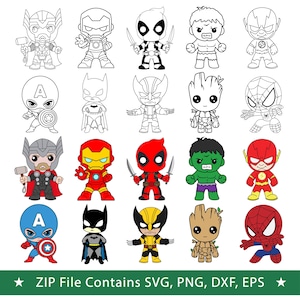 May include: A collection of twenty chibi-style superhero illustrations arranged in four rows. The top two rows feature black and white line art, while the bottom two rows display the same characters in full color, including Thor, Iron Man, Deadpool, Hulk, Flash, Captain America, Batman, Wolverine, Groot, and Spider-Man.