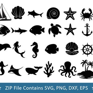 May include: Black silhouette illustrations of various sea creatures and nautical elements, including a sailboat, seashell, fish, starfish, crab, turtle, anchor, dolphin, mermaid, seahorse, octopus, and island. The text at the bottom reads "ZIP File Contains SVG, PNG, DXF, EPS".
