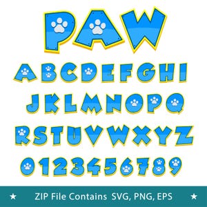 Può includere: Un set completo di alfabeto e numeri in stile cartone animato. Ogni lettera e numero è blu con un contorno giallo e un'impronta di zampa bianca. La parola "PAW" è in alto. L'immagine include anche il testo "ZIP File Contains SVG, PNG, EPS".