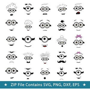 May include: A collection of 25 cartoon minion faces with various expressions. Each face features round, silver-rimmed goggles and a black mouth. Some have hair, mustaches, or accessories. The image includes the text "ZIP FILE Contains SVG, PNG, DXF, EPS".