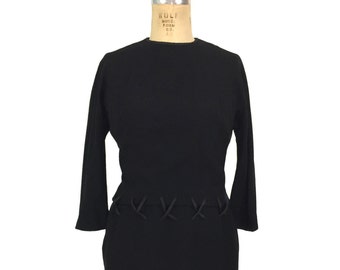 vintage 1960's criss cross waist dress / Branell / 60’s black wool dress / women's vintage dress / size large