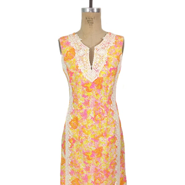 vintage 1960's LILLY PULITZER butterfly dress / The Lilly / cotton blend / lace trim / maxi dress / women's vintage dress / tag size 14