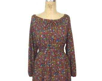 vintage 1970s floral paisley peasant dress / Christine von Lumbe / 70’s boho off shoulder belted dress / women's vintage dress / tag size 8