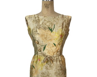 vintage 1960’s silk floral dress / 60’s golden flower dress / garden party dress / women’s vintage dress / size large