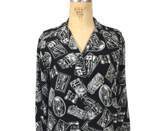 vintage 1980’s stamp blouse / Liz Sport Liz Claiborne / 80’s black & white blouse / women's vintage blouse / tag size small