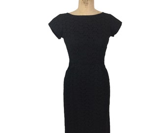 vintage 1960’s black eyelet dress / 60’s black wiggle dress / women’s vintage dress / tag size 9
