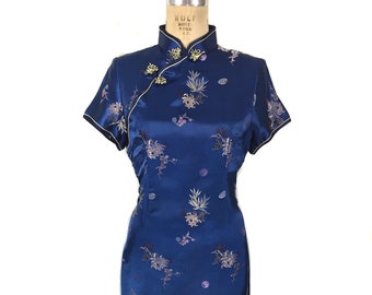 vintage 1960's satin cheongsam dress / Golden Bee / 60’s blue floral Asian dress / women's vintage dress / tag size 42