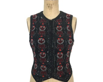 vintage 1970's sequin beaded top / Rose Ann / 70’s embellished vest / women's vintage vest / size small