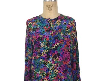 vintage 1980's ESCADA silk blouse / paint splatter novelty print / oversized blouse / designer blouse / women's vintage blouse / tag size 38