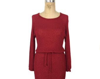 vintage 1970's ribbed knit dress / It's Pure Gould Sidney Gould / 70’s red belted dress / women's vintage dress / tag size small