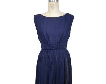 vintage 1950's sheer navy blue dress / R & K Originals / 50’s cotton pleated dress / women's vintage dress / size medium