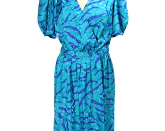 vintage 1980’s FLORA KUNG mock wrap dress / 80’s blue tiger stripe dress  / party dress / women's vintage dress / tag size 14